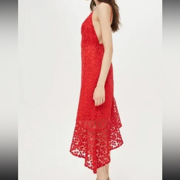 TOPSHOP Lace Plunge Asymmetrical Hem Midi Dress in Red Size US 10 - Picture 6 of 15